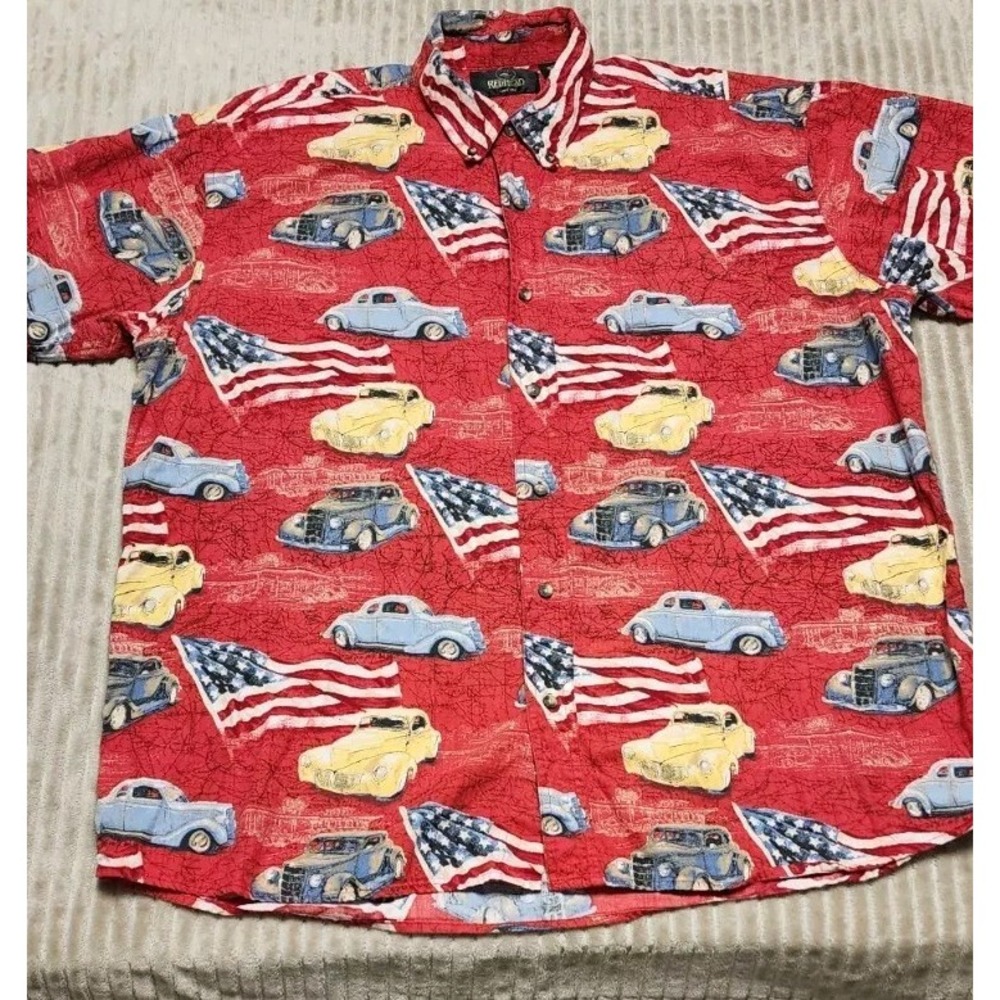 Red Head XL Cotton Hot Rod Hawaiian Shirt Red White Blue American Flags Cars Dad